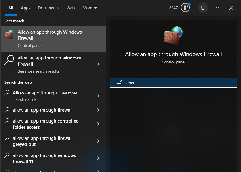 Windows Firewall 'Allow an app through firewall' settings window