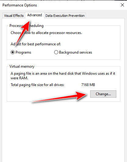 Virtual memory Change button in Performance Options