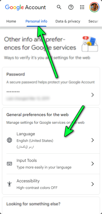 Language option in Google Account settings