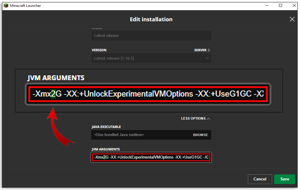 Minecraft Launcher More Options showing JVM arguments and lowering Xmx RAM allocation