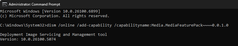 DISM Command for Media Feature Pack