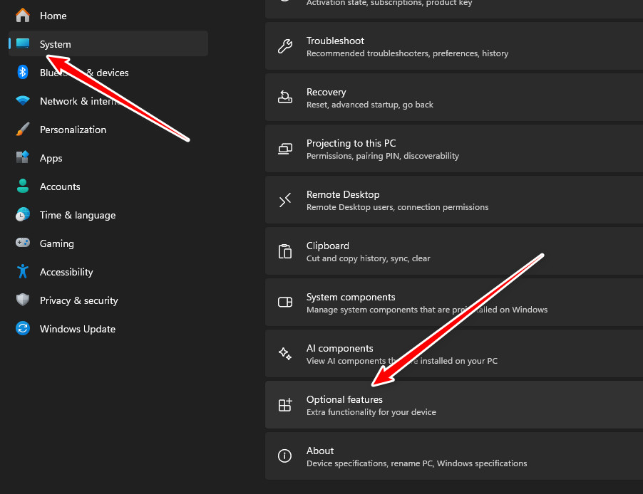Optional features in Settings