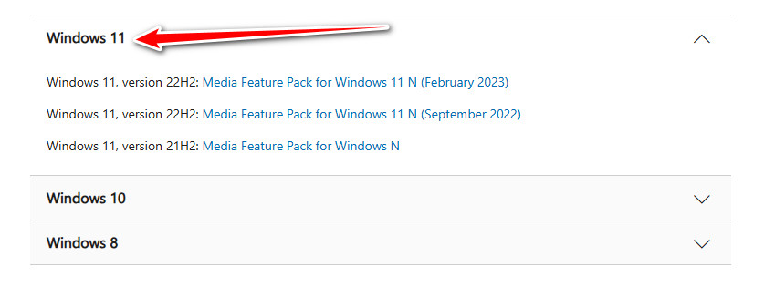 Windows 11 Media Feature Pack page