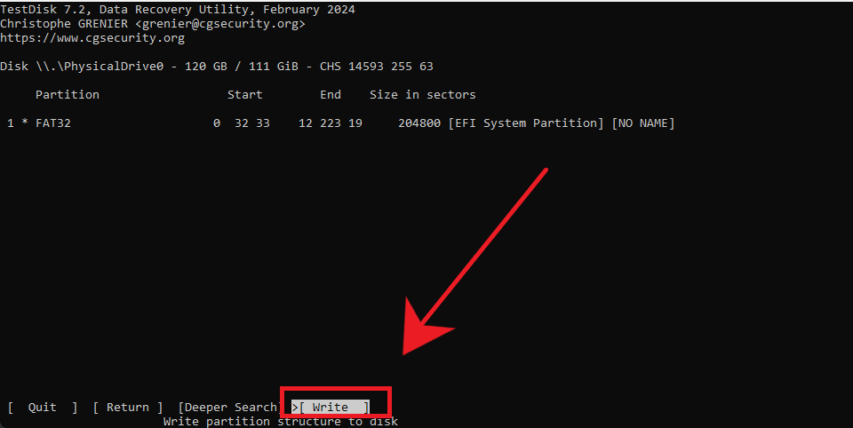 Write partition in TestDisk