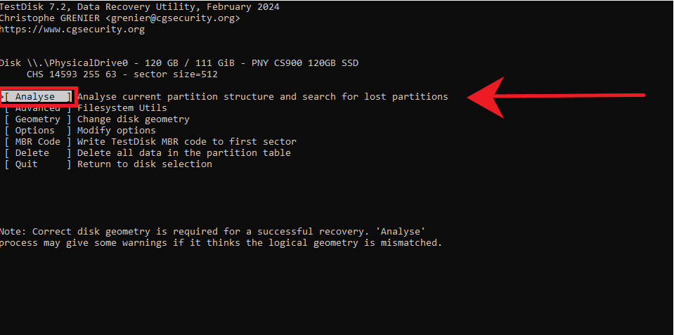 Analyze disk in TestDisk