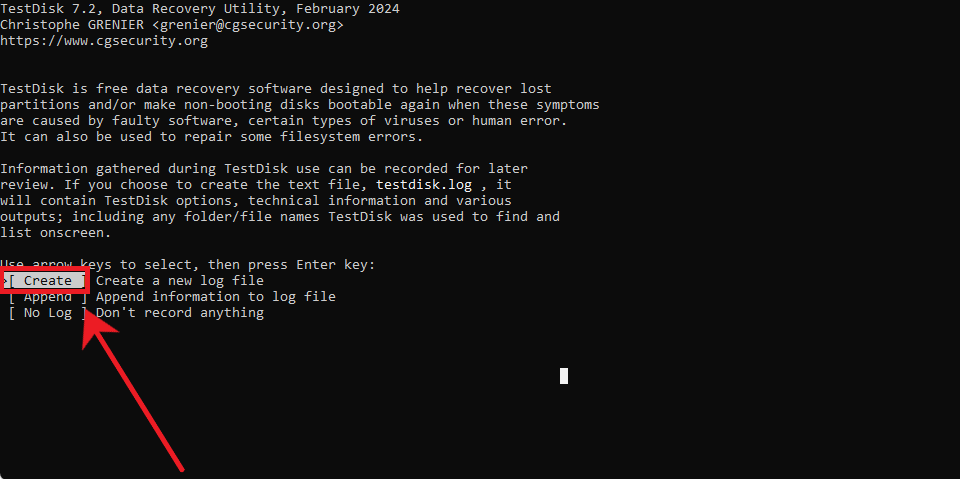 Create new log file in TestDisk