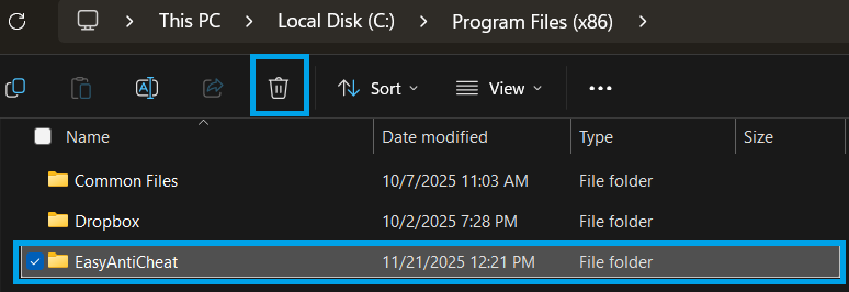 Deleting EasyAntiCheat folder from Program Files x86