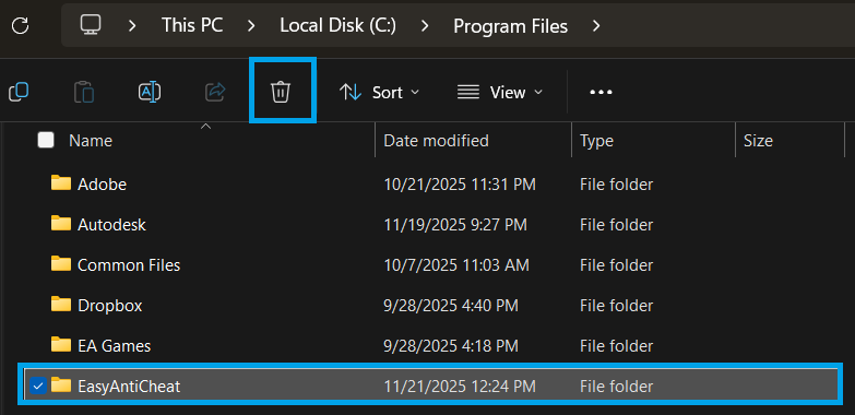 Deleting EasyAntiCheat folder from ProgramData