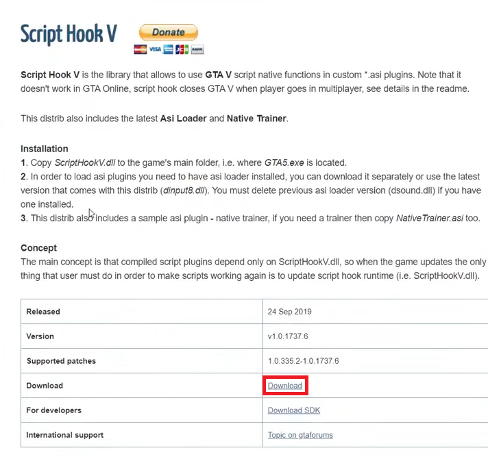 Download Script Hook V page