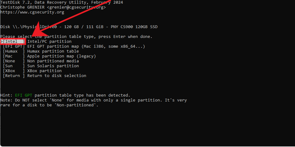 Select Intel partition table