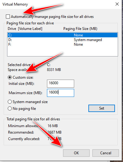 Setting custom paging file size (virtual memory) in Windows