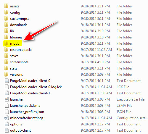 Minecraft .minecraft folder showing the mods directory for troubleshooting mod crashes