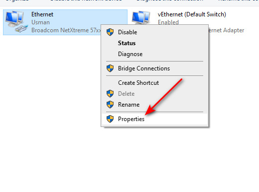 Open adapter properties in Windows