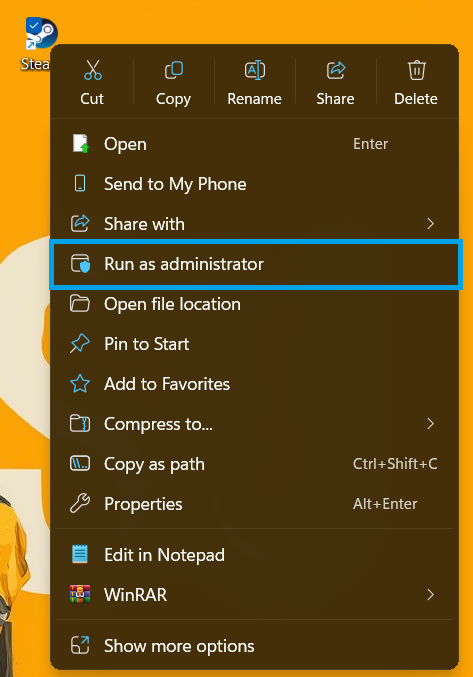 Running Steam as administrator in Windows