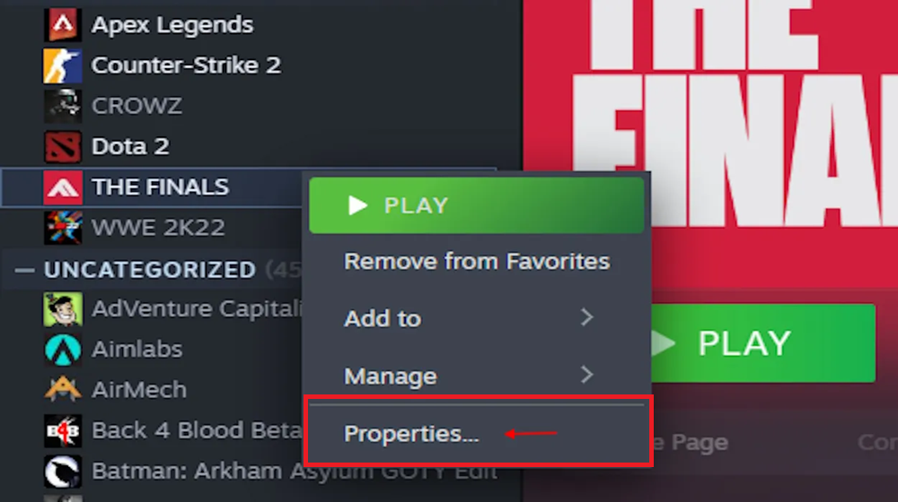 The Finals in Steam properties