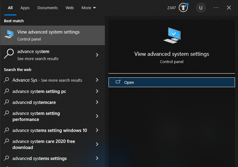 Windows search result for View advanced system settings