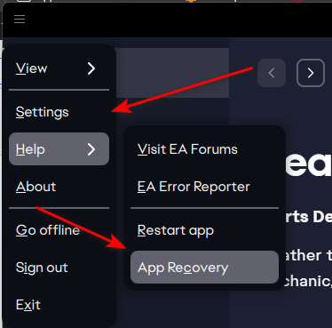 EA app menu path: Help > App Recovery.