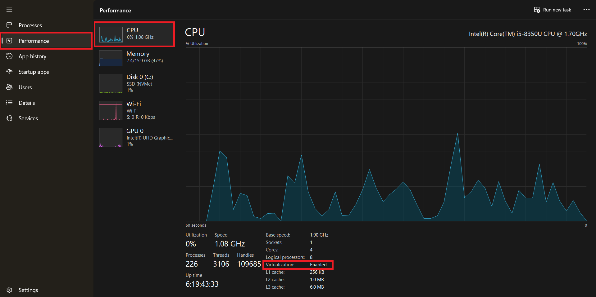 Check virtualization status in Task Manager
