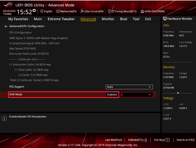 Enable SVM Mode for AMD processors in BIOS