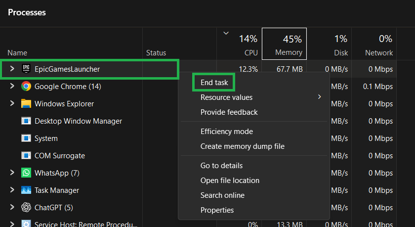 End task Epic Games Launcher in Task Manager