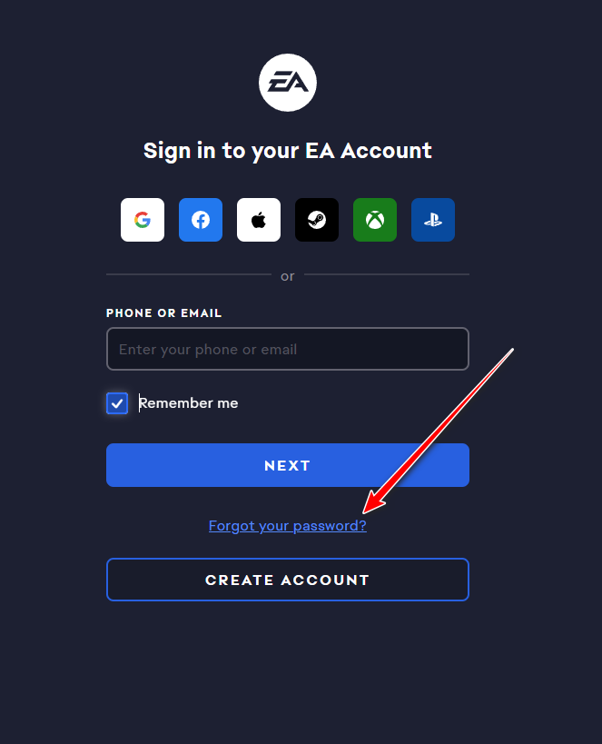 EA sign-in page showing the 'Forgot your password?' option.
