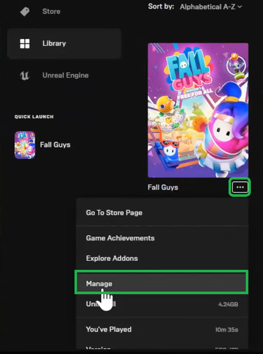Manage option for Fall Guys in Epic Games Launcher