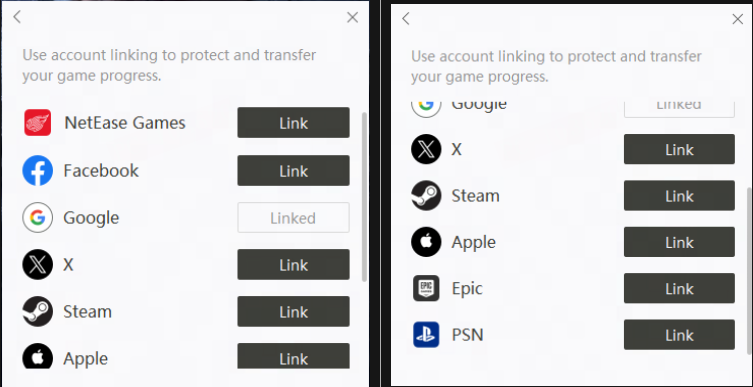Account options to link in Where Winds Meet