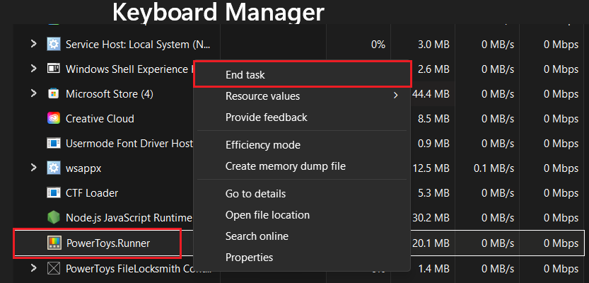 Reviewing Keyboard Manager remapped shortcuts for Win Alt Space conflicts.