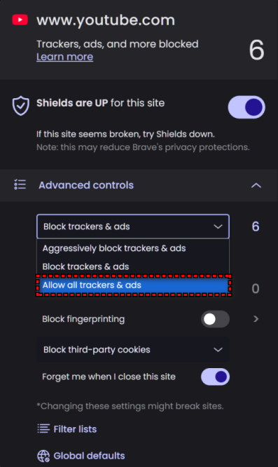 Brave Shields panel on YouTube showing trackers and ads setting adjusted to restore live chat.