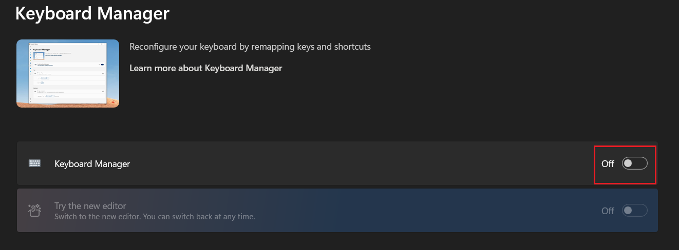 Keyboard Manager disabled temporarily in PowerToys settings.