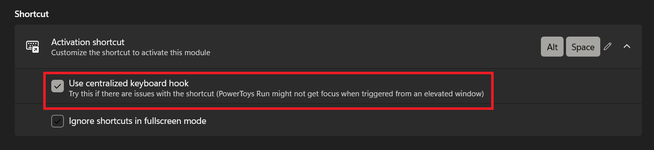 Use centralized keyboard hook toggle enabled in PowerToys Run settings.