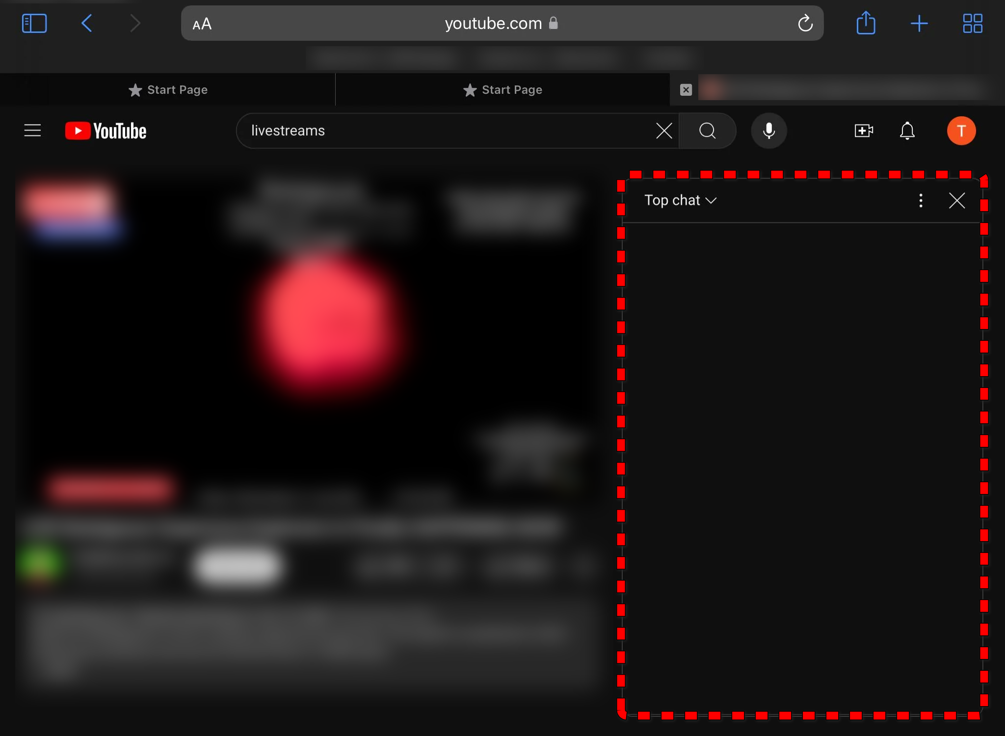 YouTube live stream page where the live chat panel is missing or stuck loading.