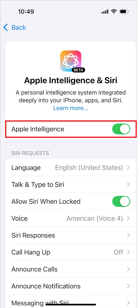Apple Intelligence and Siri settings showing Apple Intelligence turned on.