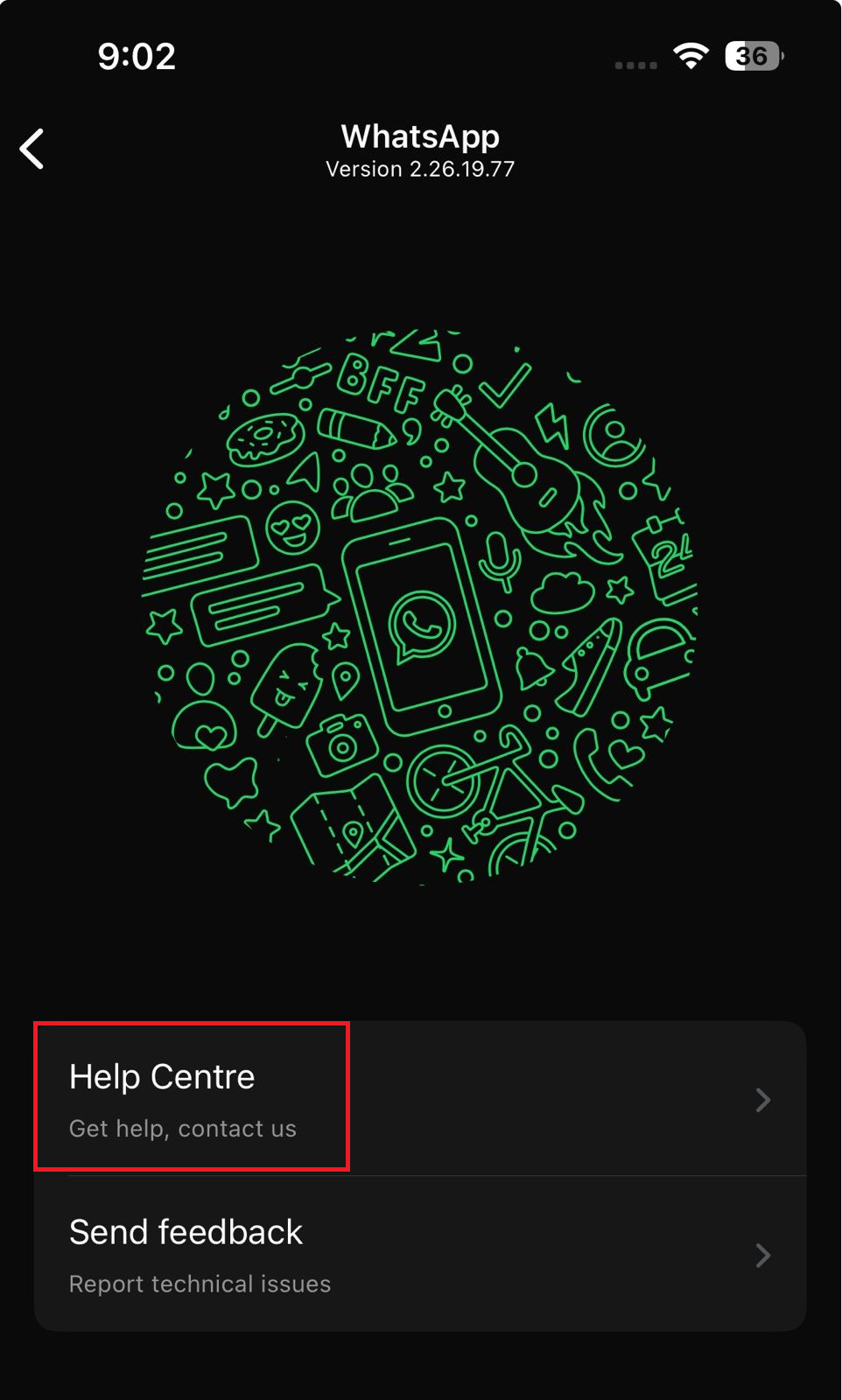 WhatsApp Contact Us and Help Center path used to report that Meta AI is missing.