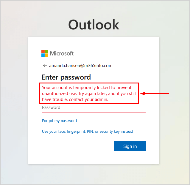 Microsoft sign-in error saying the account is temporarily locked to prevent unauthorized use.