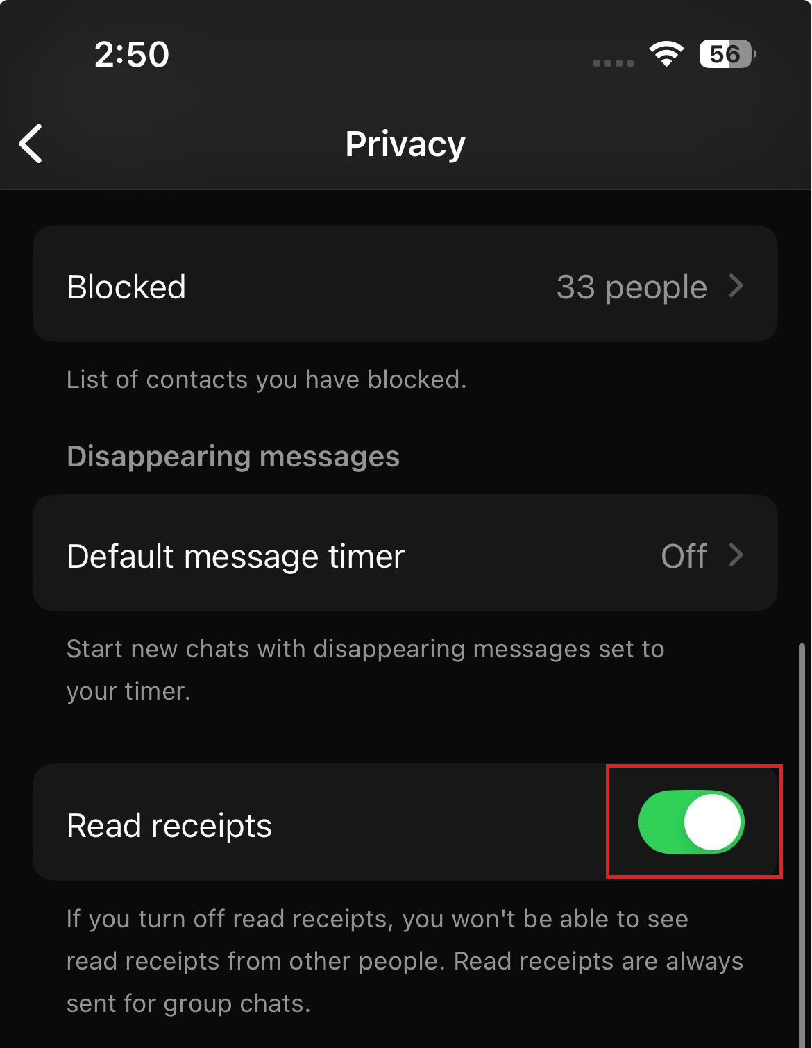 WhatsApp Privacy settings showing the Read receipts toggle enabled.