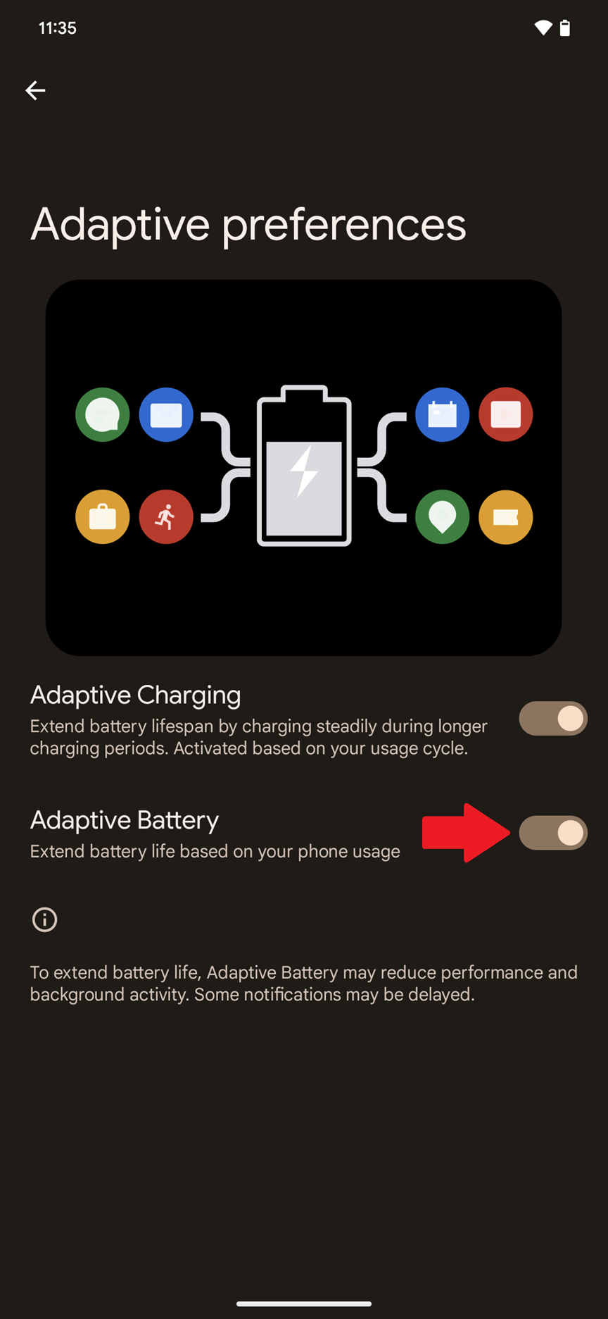 Android Adaptive Battery setting being turned off during a WhatsApp notification test.
