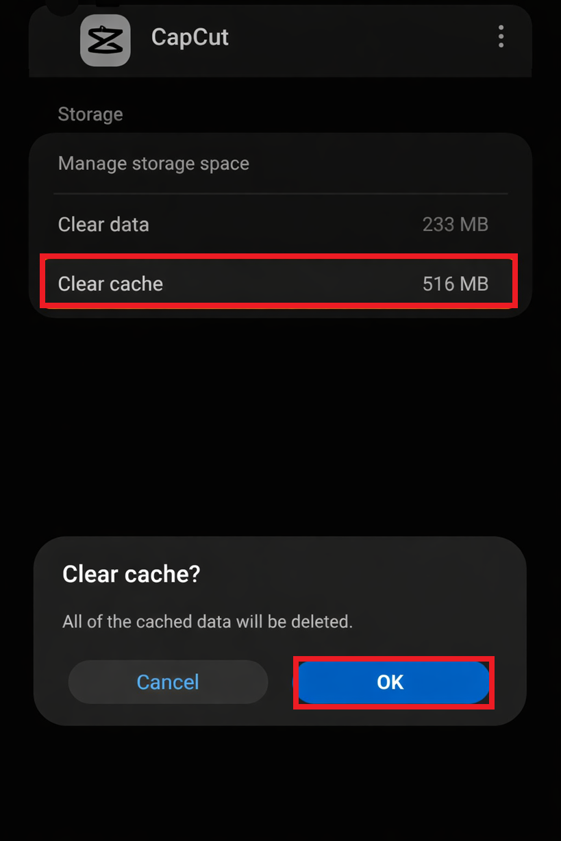 Android app settings clearing CapCut cache after templates stop appearing.