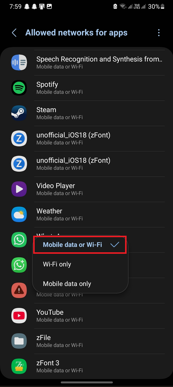 Android Data Saver settings allowing unrestricted data access for WhatsApp.