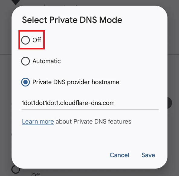 Android Private DNS settings being switched to Automatic or Off.