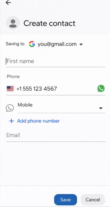 Android Contacts app choosing a Google account instead of SIM or local storage for a new contact.