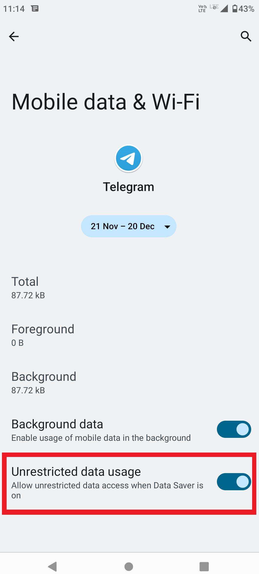 Android app settings for Telegram showing mobile data, background data, unrestricted data, and battery options.