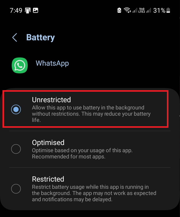 Android app battery usage page for WhatsApp showing background usage and unrestricted battery options.