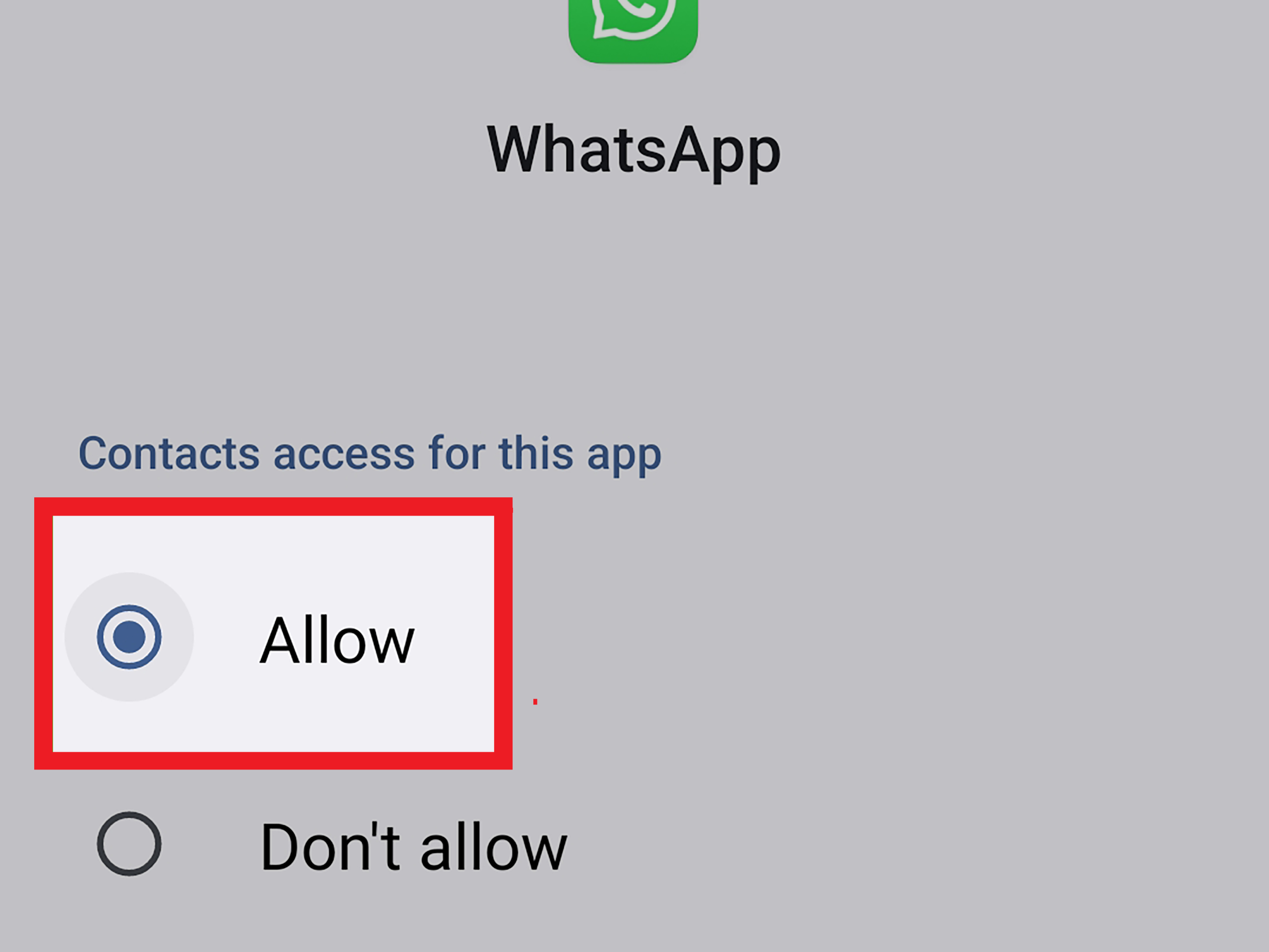 Android app permissions page for WhatsApp with the Contacts permission highlighted.