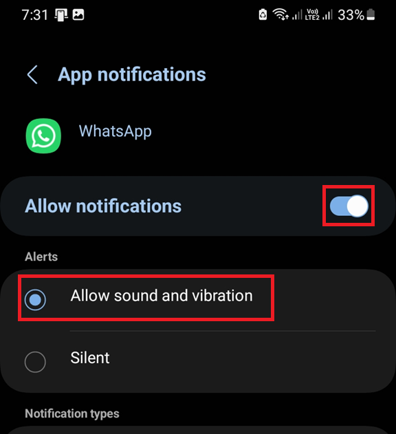 Android WhatsApp message notification category set to alerting with sound and pop-up enabled.