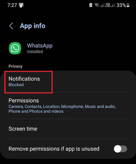 Android WhatsApp notification settings showing the main notification toggle and notification categories.