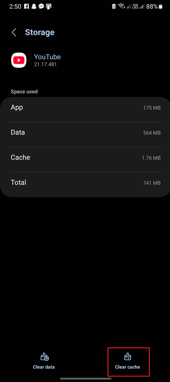 Android app info screen for YouTube showing the Clear cache option.
