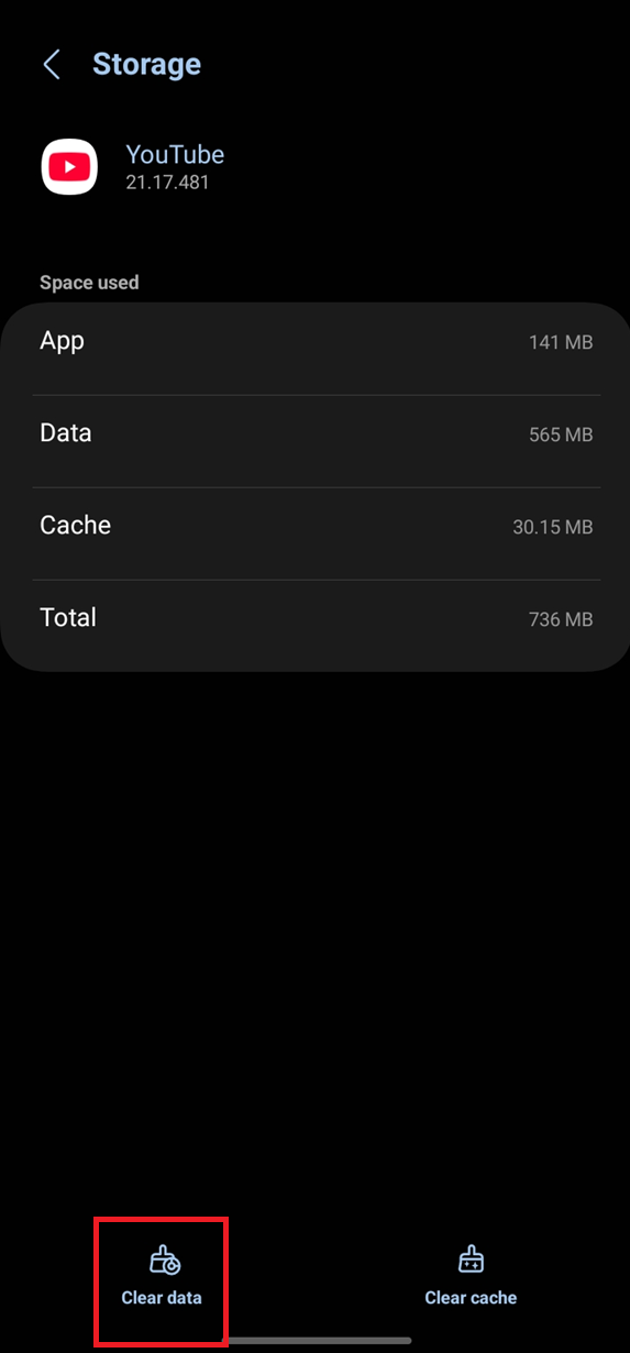 Android YouTube storage page showing Clear storage or Clear data option.
