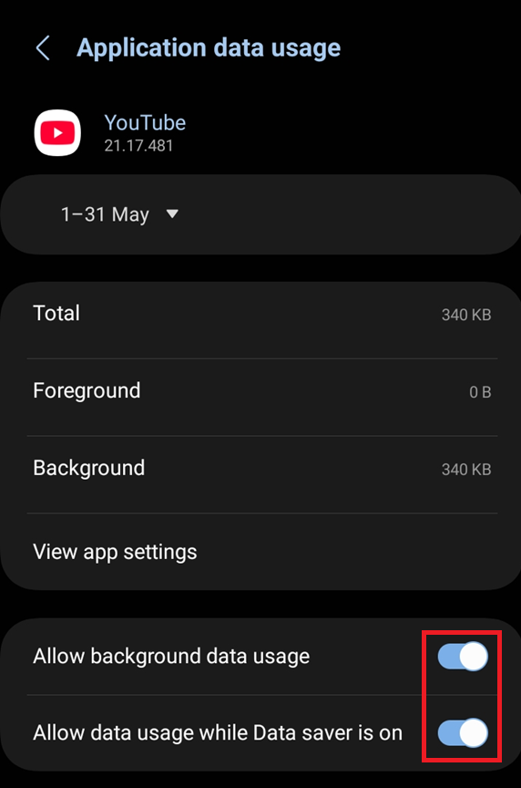 Android app settings page for YouTube showing Mobile data and Wi-Fi options.
