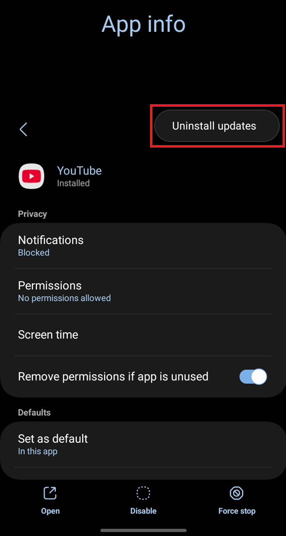 Android app page showing the uninstall updates path for the YouTube app.